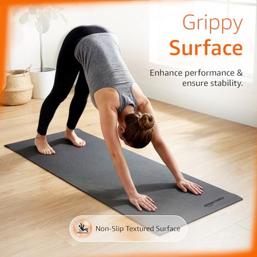 Image of Amazon Basics PVC Yoga & Exercise Mat with Carrying Strap | 6 mm Thick | Non-Slip Textured Surface | Lightweight & Durable | Floor Protection | Ideal for Home, Gym, Studio & Outdoor Workouts | Black