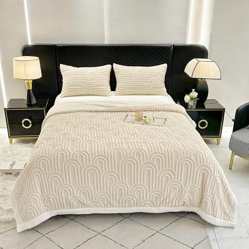 UKELER Sherpa Bed Blanket 80 × 90 inch, Ultra Soft Queen Size Throw Blanket for All Season, Cozy Plush Arch Fleece Blankets for Bedroom Living Room Dorm Hostel Sofa Camping, Off-White