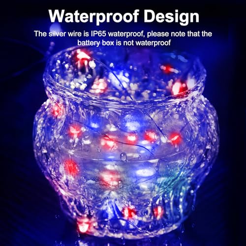 Image of btfarm 4th of July Patriotic Fairy Lights Battery Operated, 12 Pack Red White Blue 3 Modes Twinkle String Lights, 7ft 20 Led Independence Day Mini for Mason Jars Vases Table Centerpiece Decoration