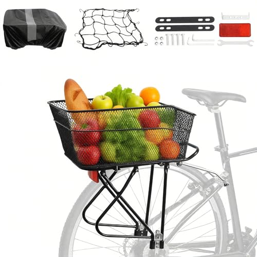 YEEGO DIRECT Rear Bike Rack with Basket, Adjustable Detachable Bike Basket Rear, Bike Cargo Rack with 26L Waterproof Cover & Cargo Net and for 24