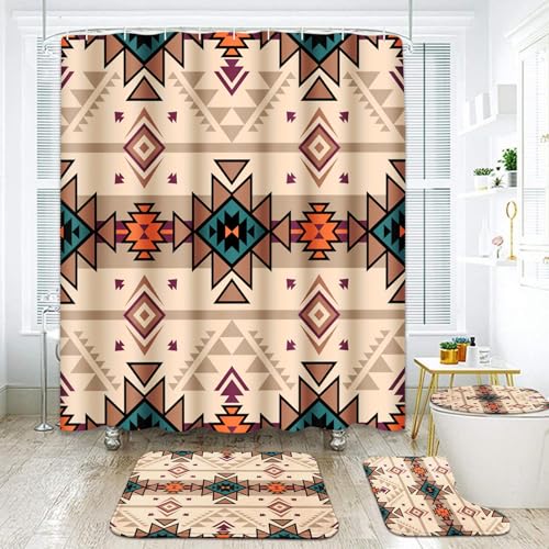 ArtSocket African Boho Retro Bathroom Set with Shower Curtain and Rugs Accessory, Traditional Rhombus Summer Colorful Abstract Shower Curtain for Bathroom Decor 4 Pcs