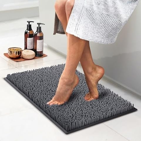 MAYSHINE Plush Shaggy Chenille Bath Mat | Extra Soft, Super Absorbent, Non-Slip Bathroom Rug | Fluffy Microfiber, Area Rug Sets for Bathroom Floor, Kitchen, Living Room | 24"x17" | Charcoal Gray Cover