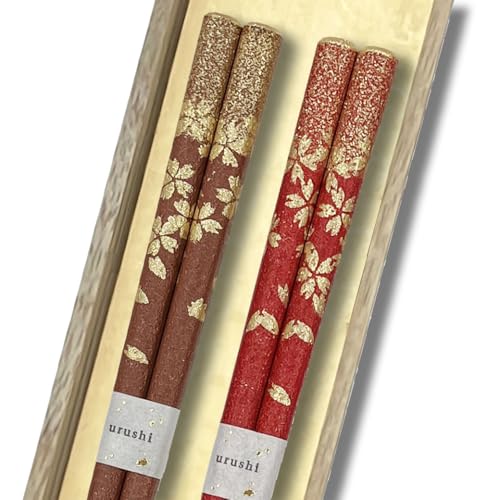 橋本幸作漆器店 桜ふぶき 2膳セット 輪島うるし箸 乾漆仕上げ 桐箱入り 日本製 高級 滑りにくい 夫婦箸 お揃い ペア ギフト 記念日 プレゼント (赤, 茶)