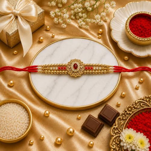 Image of Canton Rakhi Gift for Brother with Chocolate - Designer Rakhi for Brother with Gift Hamper Pack, Roli Kumkum & Greeting Card (Design-2, 1 Rakhi)