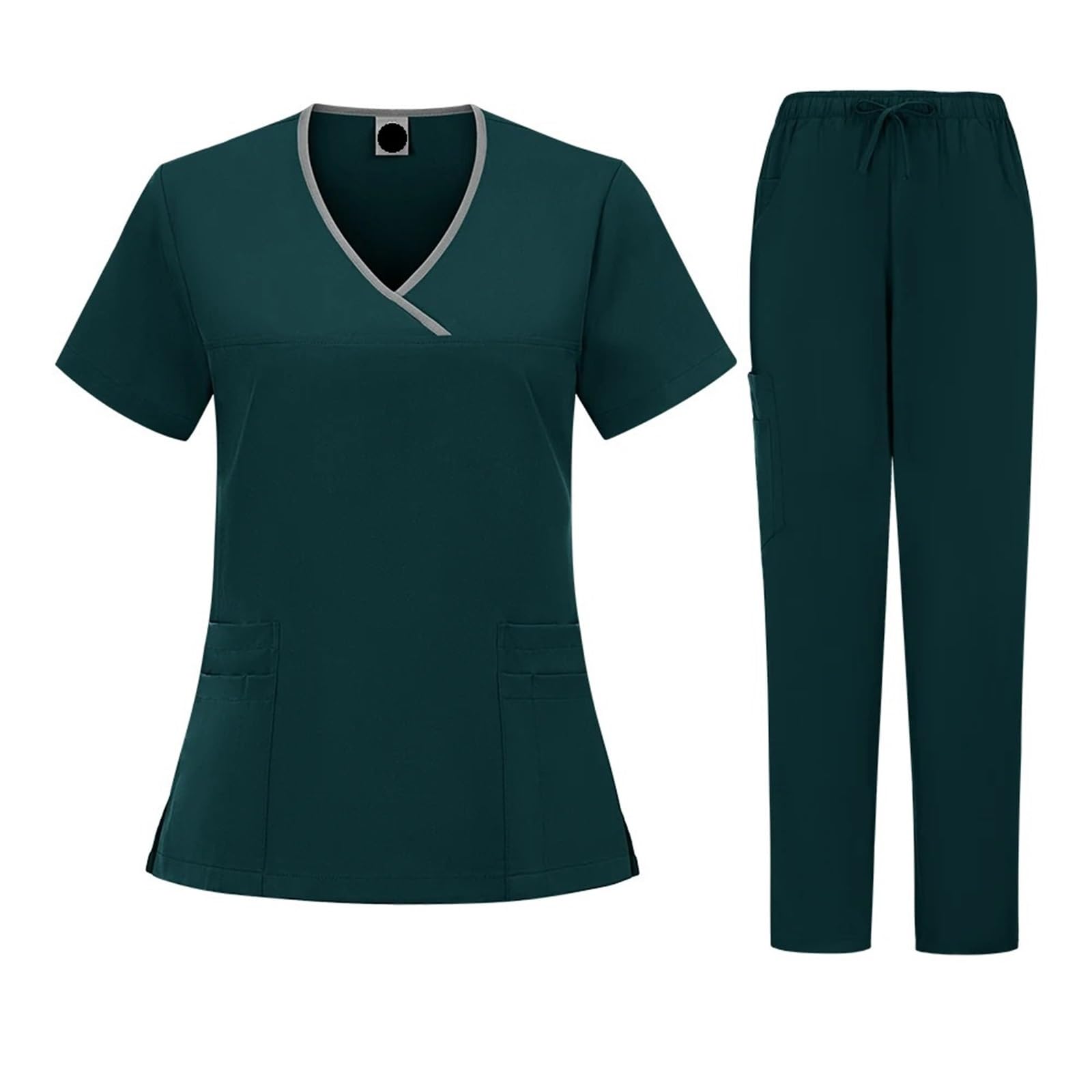 AHUFGN Nurse Scrubs Women Plus Size Scrubs Set Women Medical Nurse Uniforms Stand Neck V-cut Scrub Top Jogger Pants Vet(Dark green,M)