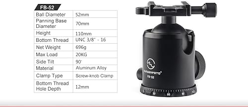 Miniatura 6 de SUNWAYFOTO FB-52 2.047 in Trípode Bola Cabeza Arca Compatible 44lb Carga Max Sunway