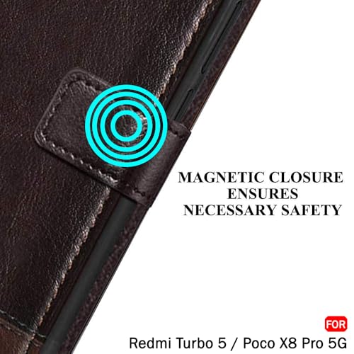 Image of TheGiftKart Flip Back Cover Case for Mi Redmi Turbo 5 5G / Poco X8 Pro 5G | Dual-Color Leather Finish | | Inbuilt Stand & Pockets | Wallet Style Flip Back Case Cover (Faux Leather, Coffee & Brown)