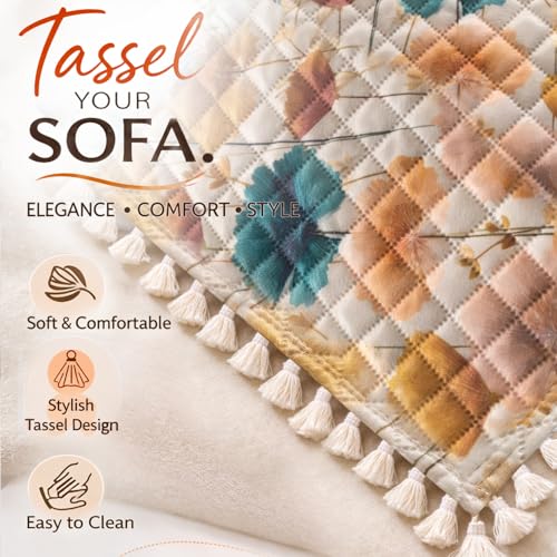 Image of HOKIPO Boho Wildflower Quilted Sofa Cover 5 Seater Set - Washable 3+1+1 Sofa Cover for Seat & Back with Tassel Design | 'Tassel Twigs' Series (IN-991-T11 + IN-989-T11)
