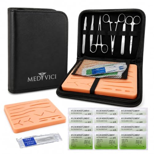 Chirurgisches Nahtset in Schwarz Nähset Medizin für Nahttraining & Medizinstudium | Suture Practice Kit | Nahtset Übung Medizin mit 3-Schichten-Nahtpad 12 Fäden & Premium Case | Medi Vici