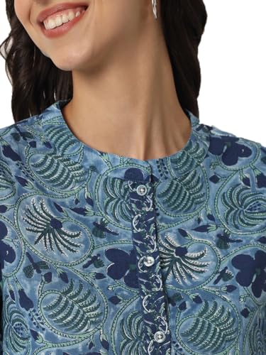 Image of FABRIC FITOOR Women's Jaipuri Pure Cotton Floral Print Mandarin Collar 3 /4th Sleeve Blue Color Shirt Top