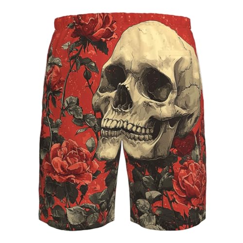 Men's Swim Trunks Quick Dry Beach Board Shorts Bathing Suits - Gothic Skull Rose Red Retro Art4
