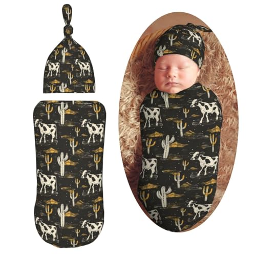 Image of Western Cow and Cactus Newborn Swaddle Blankets Hat Sets Soft Baby Receiving Blanket Swaddle Sack for Baby Shower Infant Boy Girl Gift