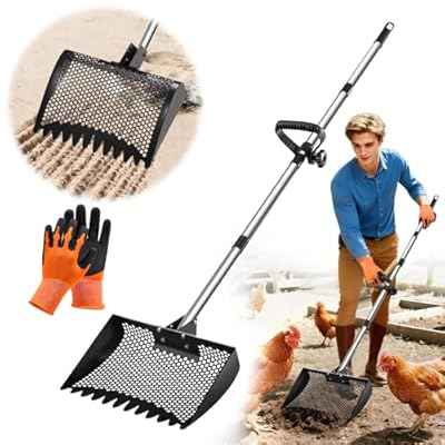 Bloksin 12inch Chicken Poop Scooper & Rake 2-in-1, Heavy Duty Metal Chicken Coop Scoop for Sand with Ergonomic Grip, Adjustable Angle Stainless Steel Chicken Coop Rake Litter Sifting Shovel (37-64")