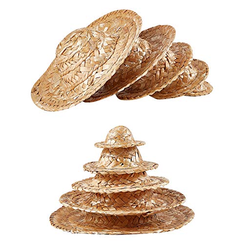 NBEADS 10 Pcs Doll Straw Hat, 5 Sizes Mini Hand Knitting Hat for DIY Crafts Jewelry Accessories Craft Decoration