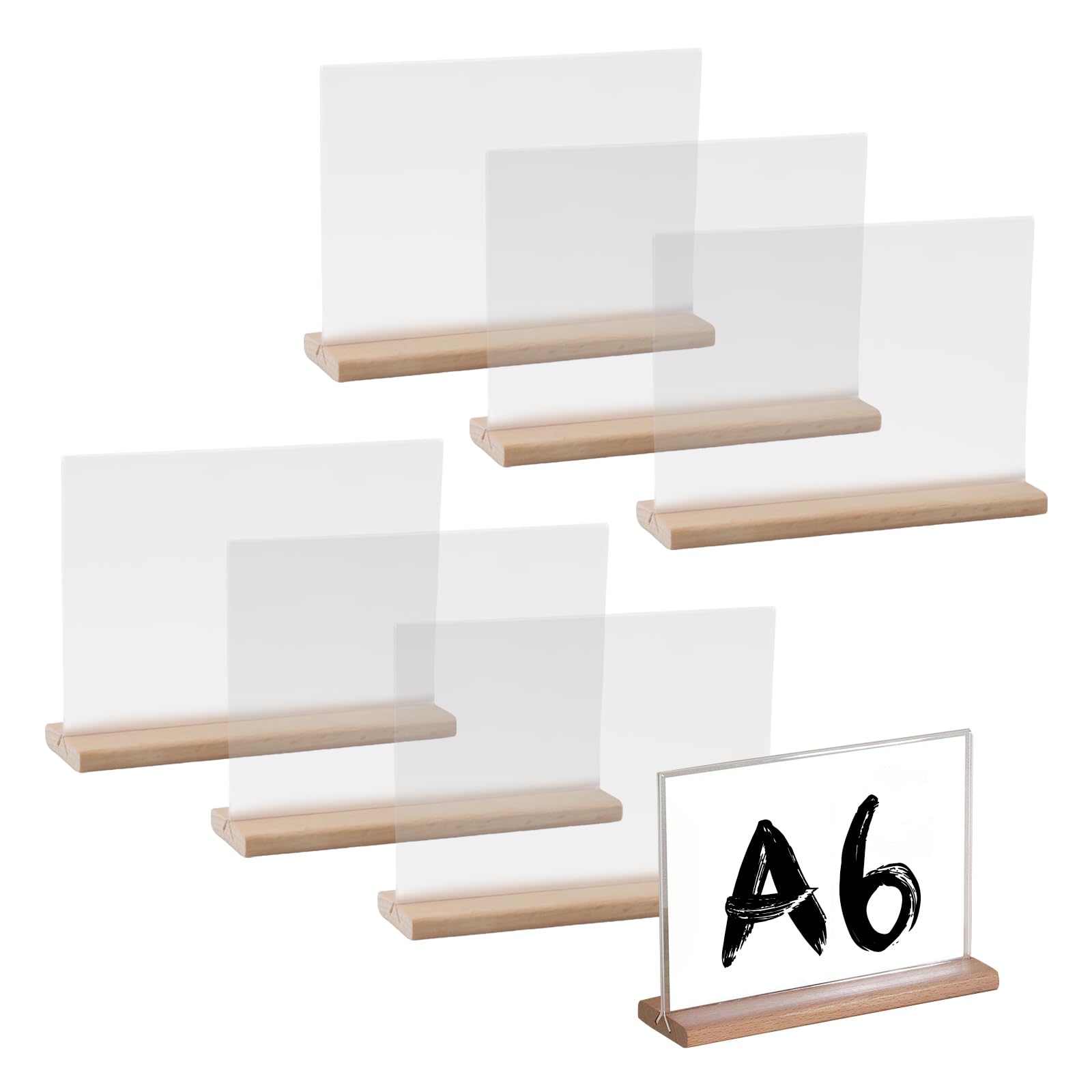 A6 Présentoirs de Table en T 6 pièces Présentoirs de Table A6 en Acrylique Porte Affiche avec Base en Bois Porte pour Restaurant Hôtel école Bureau Conférence