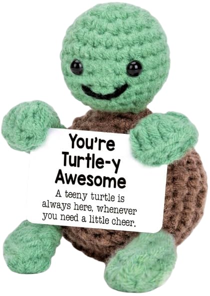 Image of Cute Emotional Support Crochet Toys Handmade Gifts with Message for Women Men Friends Coworkers, Birthday Christmas Valentine's Gift (Crochet Sunflower + Turtle)