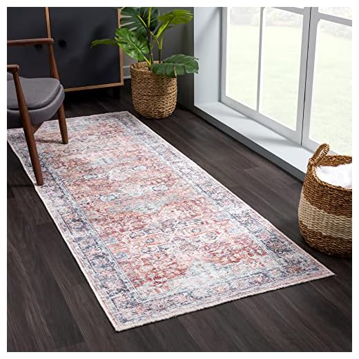 Bloom Rugs Caria Washable Non-Slip 7 ft Runner - Brick/Dark Blue Runner for Entryway, Hallway, Bathroom and Kitchen - Exact Size: 2'6" x 7'