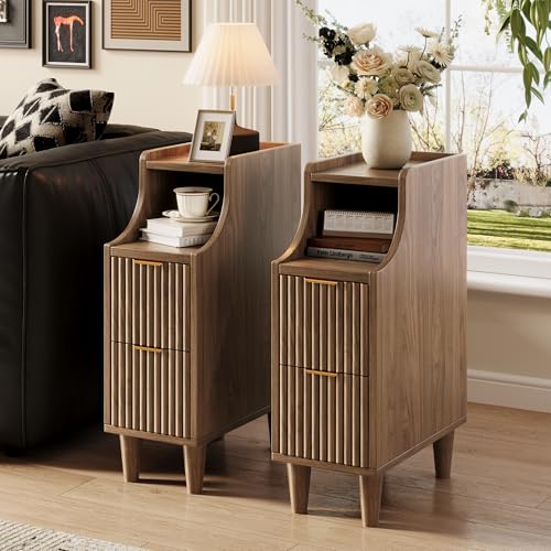 Fluted Nightstands Set of 2,Narrow Bedside Table with 2 Drawers & Storage, Farmhouse Walnut End Table Modern Side Table for Bedroom Livingroom Sofa Office