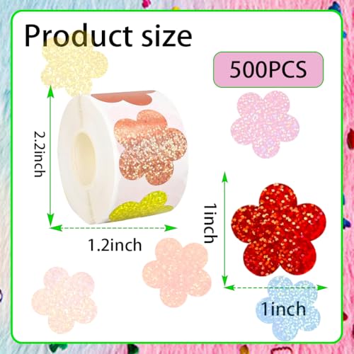 Image of 500Pcs Spring Vinyl Floral Stickers Roll 1in Glitter Stickers 8 Colors Flower Label Tag Self-Adhesive Classroom Reward Waterproof Decals for Envelope Bottle Birthday Party Decor