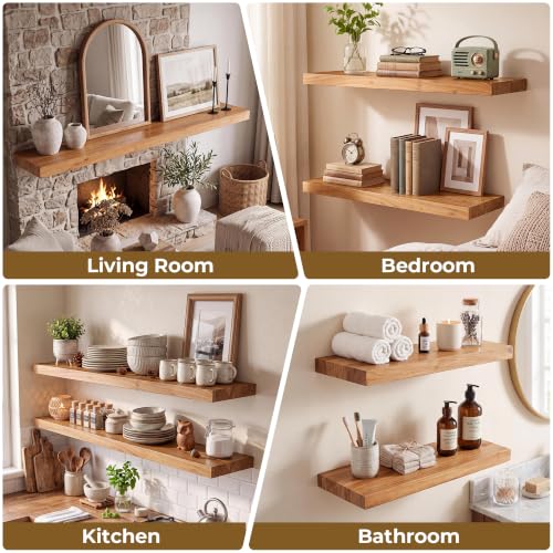 Image of RICHFOCUS Elm Floating Shelves for Wall - 22 inch W x 9.3 inch D Rustic Solid Wood Shelves with Invisible Bracket, Wall-Mounted for Living Room, Bedroom, Kitchen Storage & Display, Set of 2, Natural