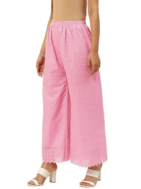 JAGMOOLYA Products Women's Chicken Embroidred Cotton Regular Fit Palazzo Pants |(Baby Pink)-image-1