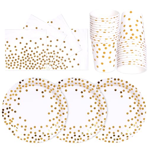 PYAILI Anniversaire Vaisselle de fete 72 Pièces Or Blanc Party Assiettes en Papier Set Assiettes de Fête Jetables Papier Tasses Serviettesr, pour Barbecue les Fêtes...