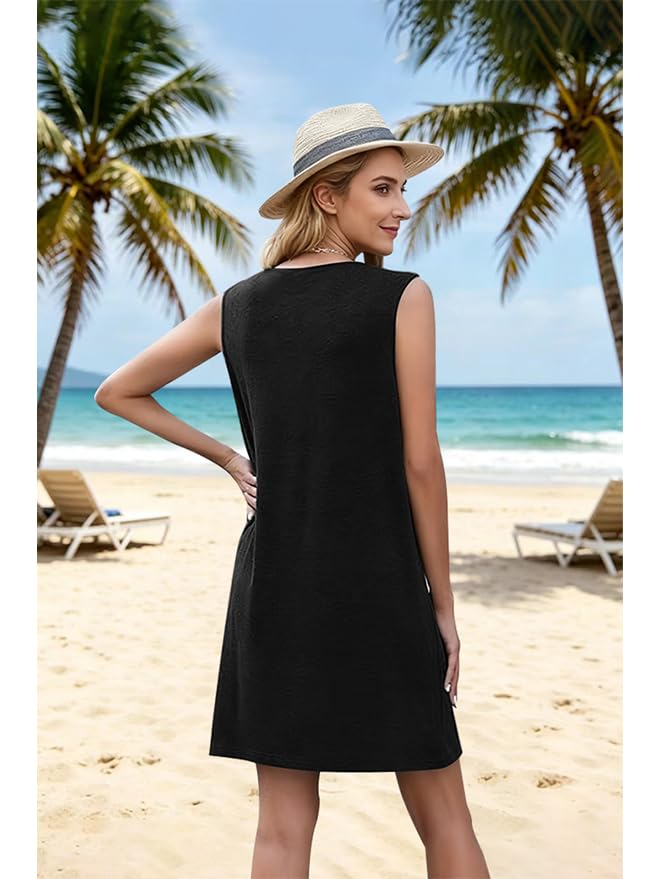 Image of Sun Salt Sand Coconut Tree Tank Mini Dress for Women Sleeveless Beach Praty Shirts Summer Vacation Short Mini Dresses