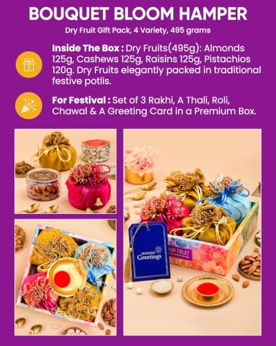 Image of Hyperfoods Rakhi Set for Brother Rakhi Gift Hamper for Brother with Pooja Thali Roli Chawal Rakhi Hamper for Brother RawFruit Bouquet Bloom Dry Fruit Gift Box 495g