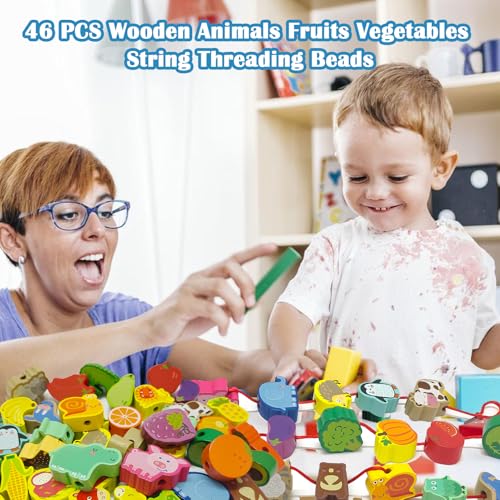 Image of 46 PCS Wooden Lacing Beads,Animals Fruits Threading Toys for Toddlers,Preschool Learning Lacing Toys,Montessori Educational Stringing Threading Beads Toys for Kids 3 4 5 6 Year Old Boys Girls