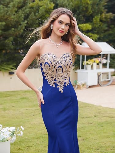 Image of Prom Dress for Women 2025 Gold Lace Applique Long Sheer Illusion Mermaid Formal Dresses Evening Gown