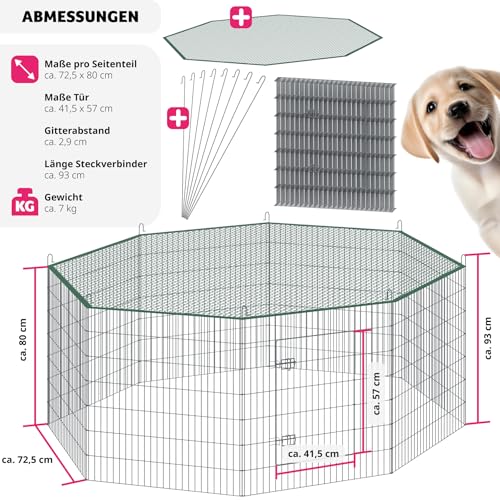tectake® Freilaufgehege mit Sicherheitsnetz, Ø 204 cm, Welpenauslauf, Kleintierstall mit 8 Gitter, Kleintiergehege für Innen und Außen, Tierlaufstall mit Tür, Ideal für Kaninchen und Meerschweinchen