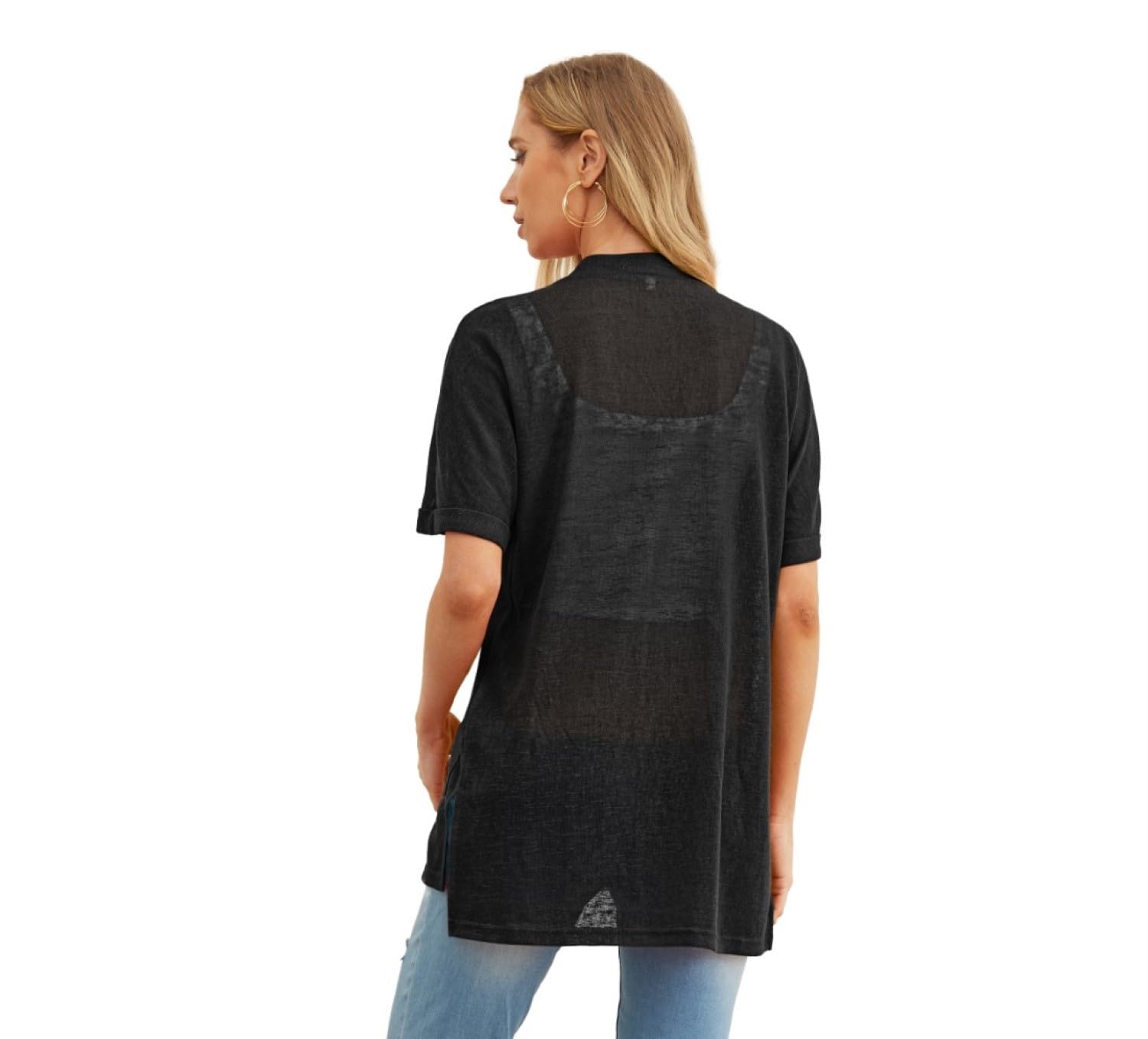PrinStory Strickjacken Für Damen Leicht Kurzärm Sommer-Strickjacke Mit Tasche Lässig Vorne Offen V-Ausschnitt Oberbekleidung