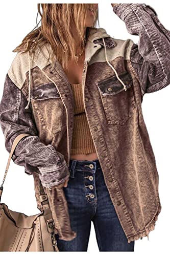Ru Sweet Women's Corduroy Hooded Colorblock Long Sleeve Jacket Color Block Shirts Coat Outwear