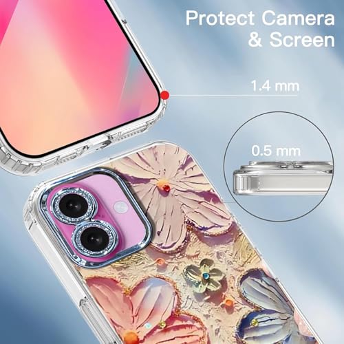 Image of VONZEE Laser Flower Case Compatible with iPhone 16, Colorful Oil Painting Design, Shockproof PC+TPU Hybrid Cover, Full Camera Protection Glossy Cute Protective Case for Women & Girls, Pink