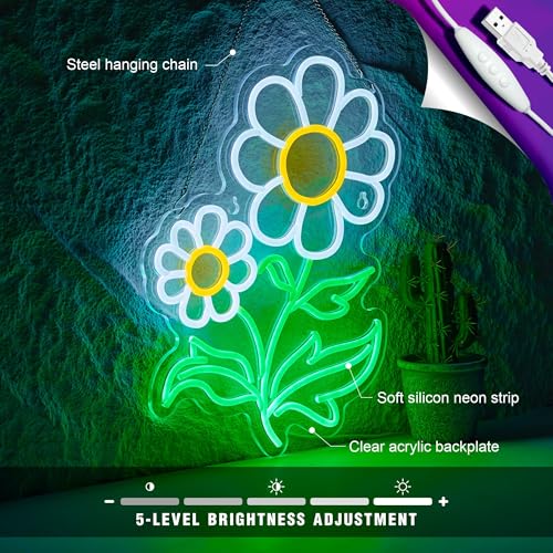 Image of Daisy Flower Neon Sign Flora LED Neon Lights Boho Decor for Bedroom Wall Decor Vintage Light Up Signs Room Party Bedroom Classroom Hanging Decoration Gifts 16.5 x 12.6 inchs