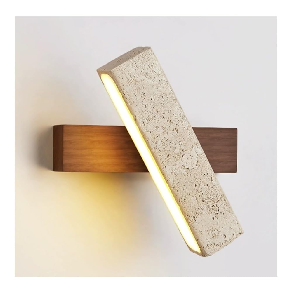 LUOYAOB Yellow Travertine LED Wall Sconce 360° Rotatable Wall Mount Light Modern Solid Wood Wall Lamp Wabi Sabi Adjustable Bedside Reading Lamp for Bedroom, Brown(Walnut Color)