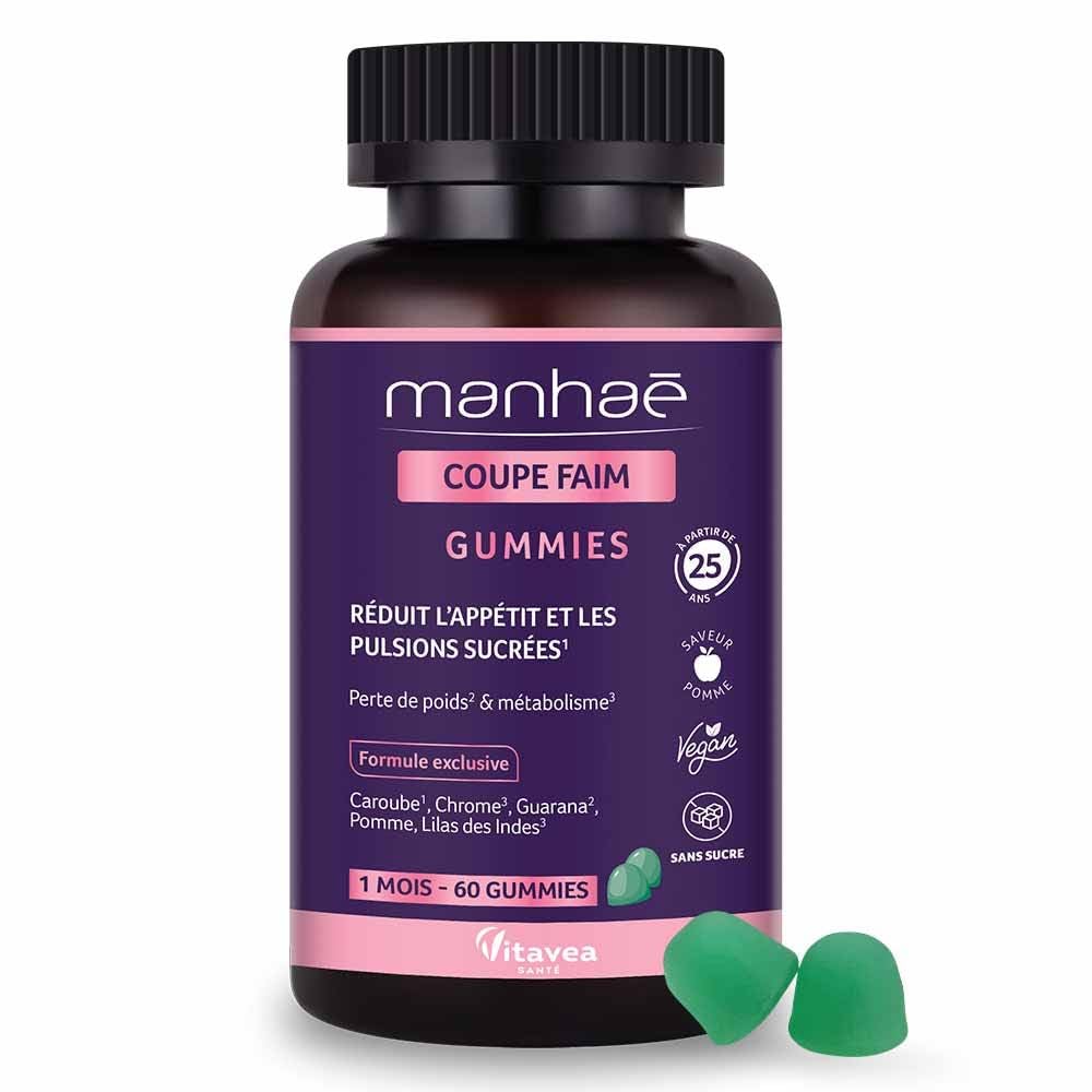 Vitavea - Manhaé - Gummies Coupe Faim sans Sucres - Complément Alimentaire Minceur - Coupe Faim, Satiété, Perte de Poids et Métabolisme - Guarana, Chrome, Caroube - 60 Gummies - 1 Mois