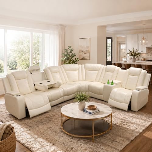 Image of Power Reclining Sectional Sofa for Living Room,Modern L-Shaped Air Leather Sectional Couch Set,Recliner Sofa Set,with LED Lights,Cup Holder,Storage,Charging Ports,Home (White, Sectional)