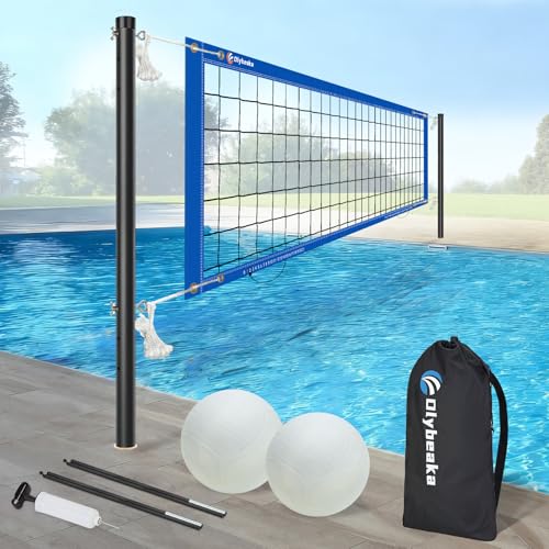 Base Free Swimming Pool Volleyball Net Set for Inground Pools with 3-Height Adjustable Aluminium Poles, Durable Anti-Sagging Net, 2 Water Volleyballs and Carry Bag (Blue)