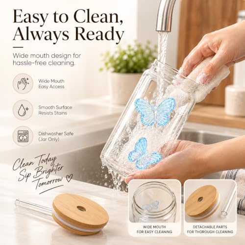 Image of 400ml Sipper Drinking Jar with Bamboo Lid & Glass Straw, Butterfly Printed Mason Jar Cup, Leakproof Reusable Smoothie & Juice Tumbler, Beverage Glass for Home & Office (Pack of 1)