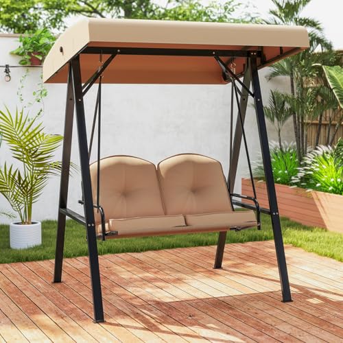 Image of Tangkula 2 Person Porch Swing, Patio Swing with Adjustable Canopy, Heavy-Duty Metal Frame & Soft Cushion, Outdoor Swing for Backyard, Garden (Beige)