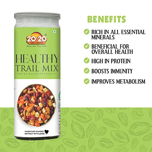 Image of 20-20 Dry Fruits Healthy Mix Nuts Dry Fruits Trail Jar - (200 g) - Dried Cranberries, Strawberry, Kiwi, Melon Seed,Flax,Sunflower, Pumpkin, Roasted Cashew, Roasted Almond ,Black Raisins | Healthy Gift Hamper | (200 g)