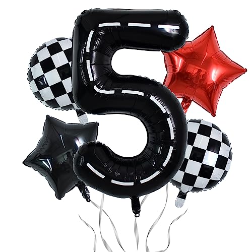 Image of TONIFUL 40 Inch Race Car 5th Birthday Balloons - Racetrack Number 5, Wheel Tire, Black White Checkered, Star - Boys Car Themed Party Decor