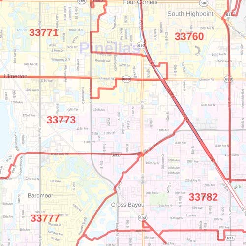 Pinellas Zip Code Map Pinellas County, Florida Zip Codes - 36" X 48" Paper Wall Map : Amazon.sg:  Office Products