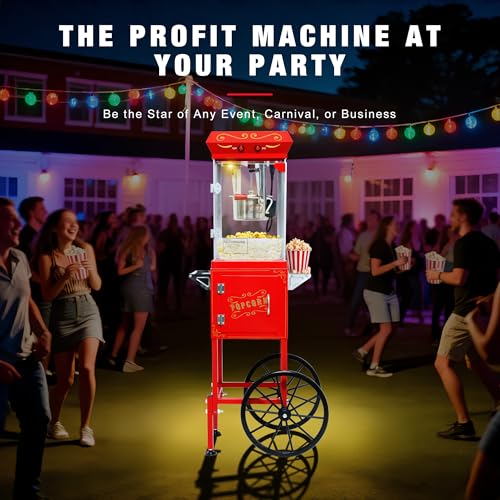 Image of 8 oz Popcorn Machine with Cart - Vintage Movie Theater Style Popcorn Maker for Home, Parties & Concession Stand, Yields 32 Cups per Batch, Red