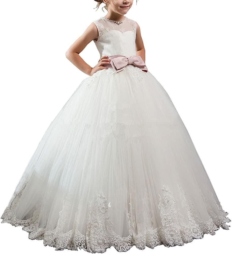 Vestidos de Fiesta Elegantes Vintage Vestido de niña de Las Flores de la Boda Vestidos de comunión para niñas de Flores con Adornos de Encaje de 2 a 14 años