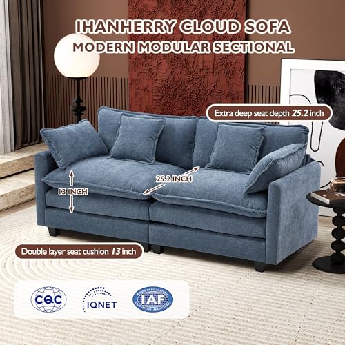Image of Ihanherry Cloud Sofa 77 Inch Loveseat, Modern Sectional Couch, 2-Seats Sofa for Living Room Bedroom and Apartment, Comfy Double Layer Upholstered Seat Cushion, Breathable Chenille Fabric, Blue