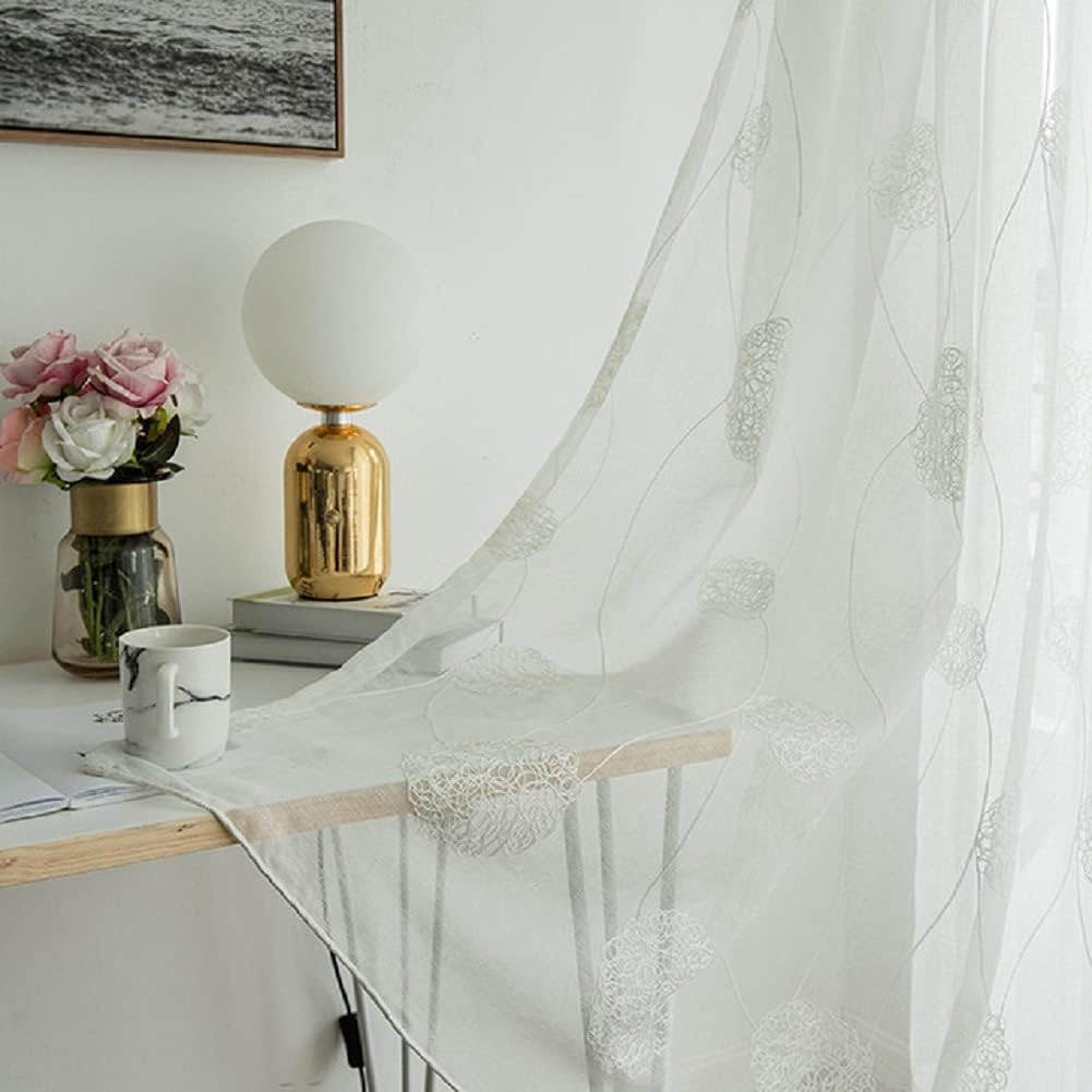 Exquisite Simple Coil Embroidered Sheer Curtains Voile Curtain Home Decor for Kids Nursery Room Kitchen(1 Panel, W 100 x L 102 inch, White)
