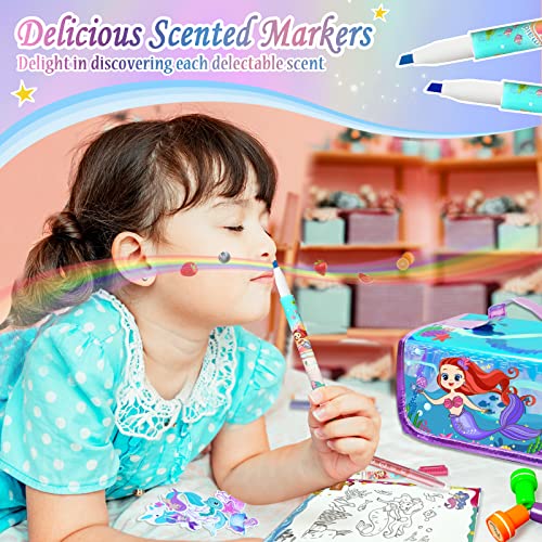 Image of weirtoya 56 PCS Washable Scented Markers with Glitter Pencil Case, Mermaid Unicorn Arts and Crafts for kids 4-6-8 Kids Coloring Drawing Kits for 4-8 Years Old Girls (Mermaid, 56)