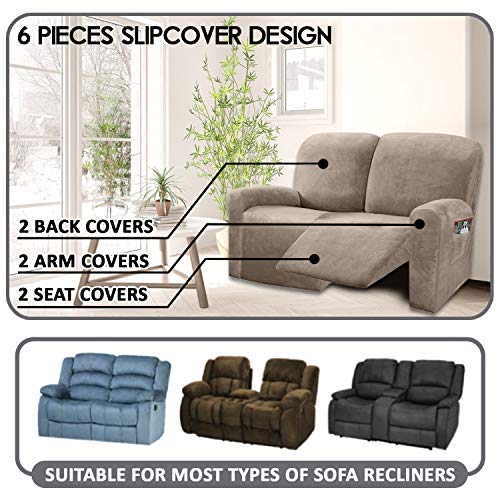 ULTICOR Reclining Love Seat Sofa Cover (6 Piece, Taupe), 48-65'' L, Velvet Stretch, Soft, Washable
